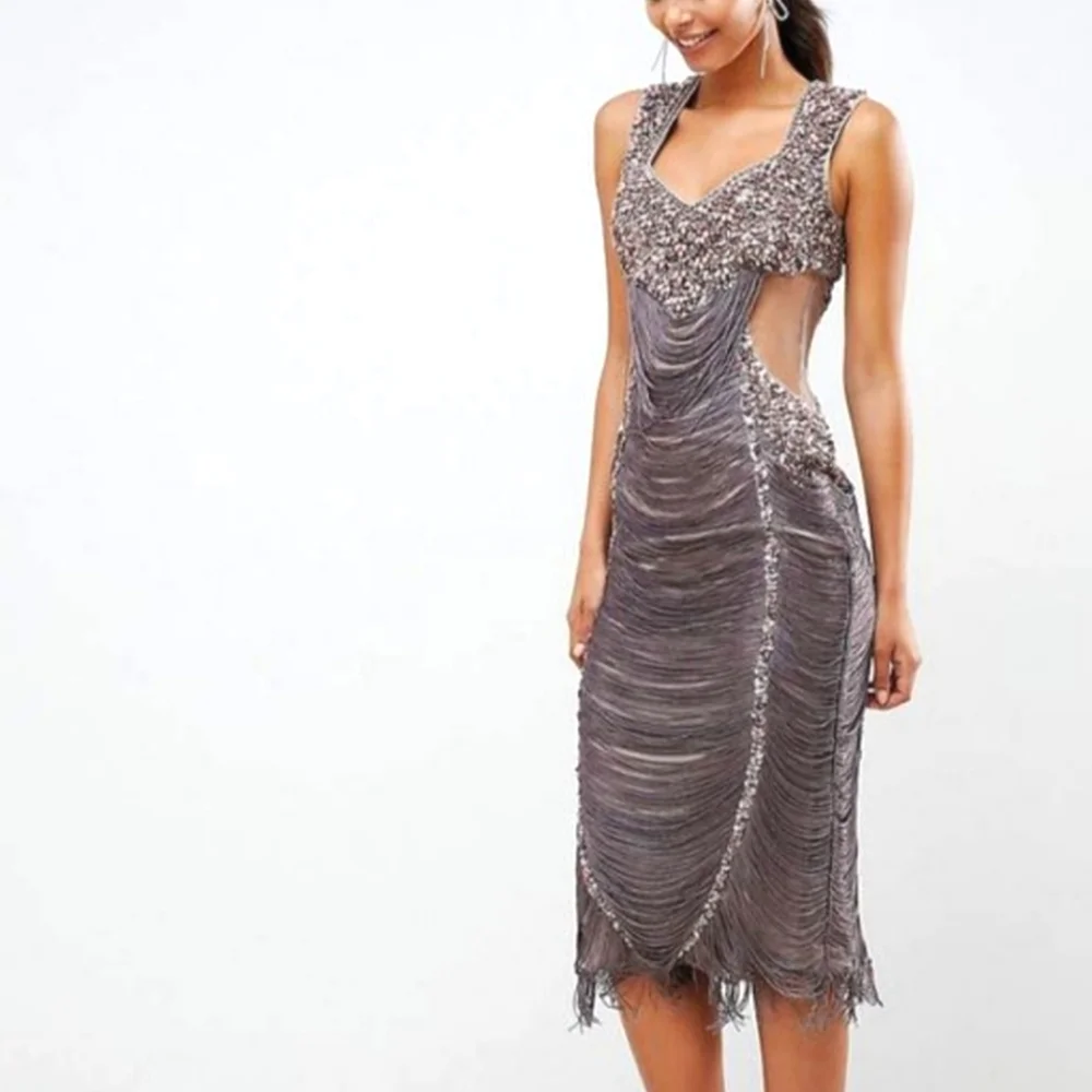Beaded Fringe Cutout Cocktail Party Dress - A Star is Born Special Occasion